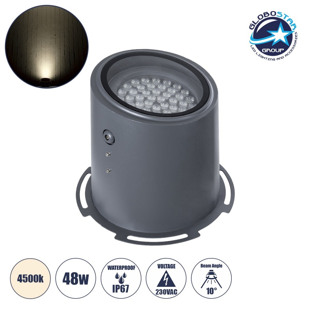 GloboStar® FLOOD-MILO 90741 Κινούμενος Προβολέας - Σποτ Φωτισμού Wall Washer για Φωτισμό Κτιρίων LED 48W 4560lm 10° AC 220-240V Αδιάβροχο IP67 Φ26 x Υ30cm Φυσικό Λευκό 4500K - Γκρι Ανθρακί - 3 Χρόνια Εγγύηση